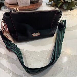 Consuela Black Crossbody Bag with Green Strap